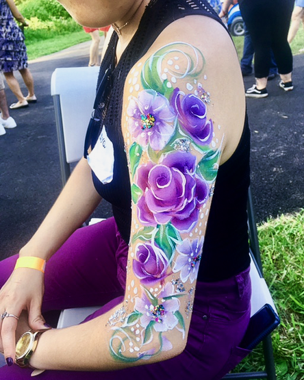 Beautiful Purple flowers with sequins - Arm body painting